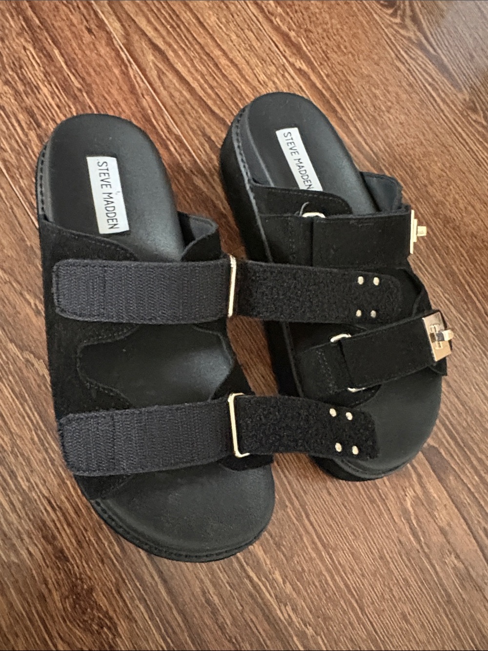 Steve Madden Black Suede Double Strap Slide Sandals with Gold Buckles - Picture 10 of 12